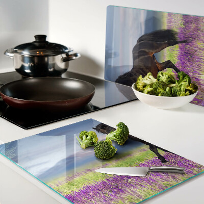 Tabla de cortar de cristal Un caballo sobre un fondo de flores violetas.