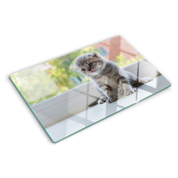 Tabla de cortar de cristal Un gatito en el alféizar de la ventana.
