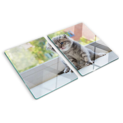 Tabla de cortar de cristal Un gatito en el alféizar de la ventana.