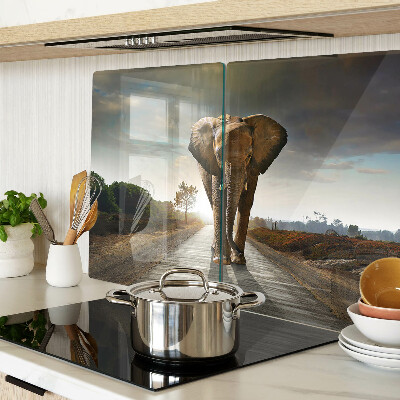 Tabla de cortar de cristal Elefante en la carretera al atardecer