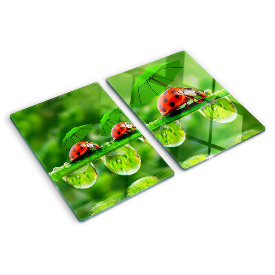 Tabla para cortar Mariquitas en hojas con gotas de agua.