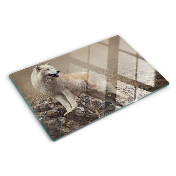 Tabla de cortar de cristal Lobo en una montaña rocosa