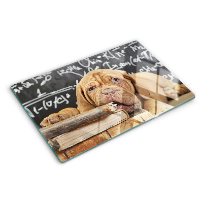 Tabla de cortar Perro con libros y una pizarra.