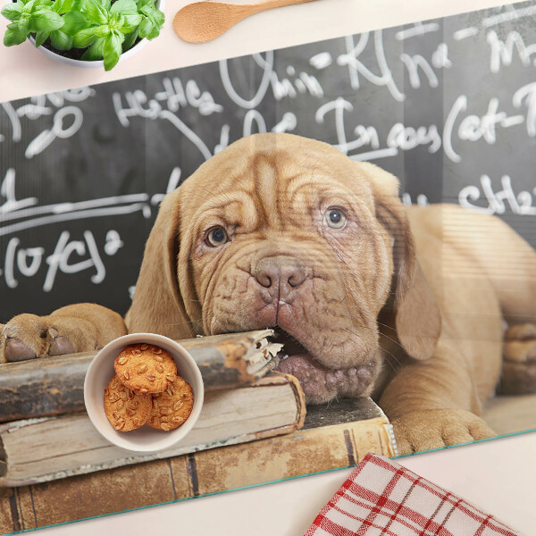 Tabla de cortar Perro con libros y una pizarra.