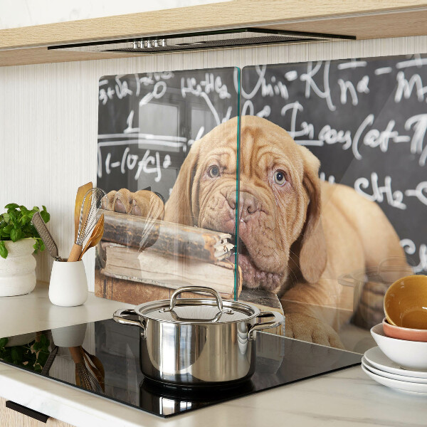 Tabla de cortar Perro con libros y una pizarra.