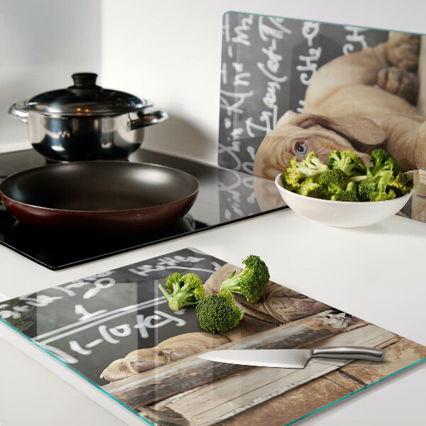 Tabla de cortar Perro con libros y una pizarra.