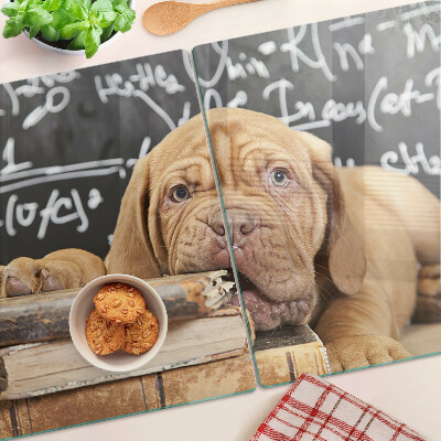 Tabla de cortar Perro con libros y una pizarra.