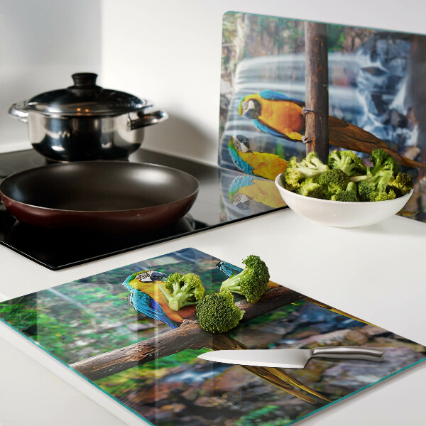 Tabla de cortar Loros en una rama en un bosque tropical.