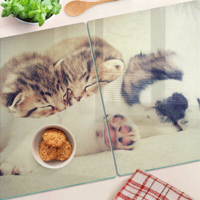 Tabla para cortar Gatos y un perro durmiendo juntos