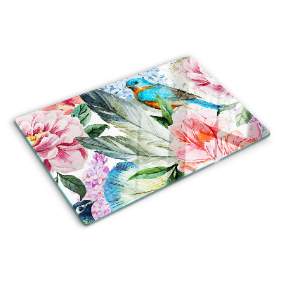 Deska kuchenna szklana Kwiaty i ptaki w akwareli