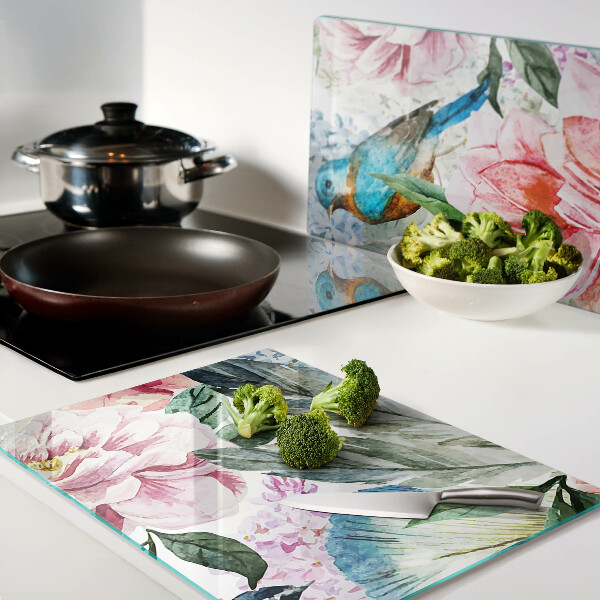 Tabla de cocina Flores y pájaros en acuarela