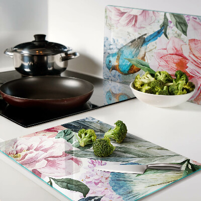 Deska kuchenna szklana Kwiaty i ptaki w akwareli