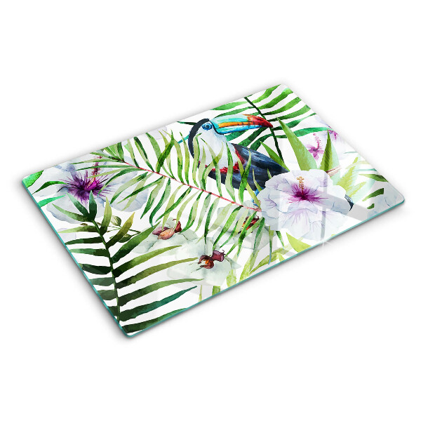 Tabla de cortar Motivo tropical con pájaros y plantas.