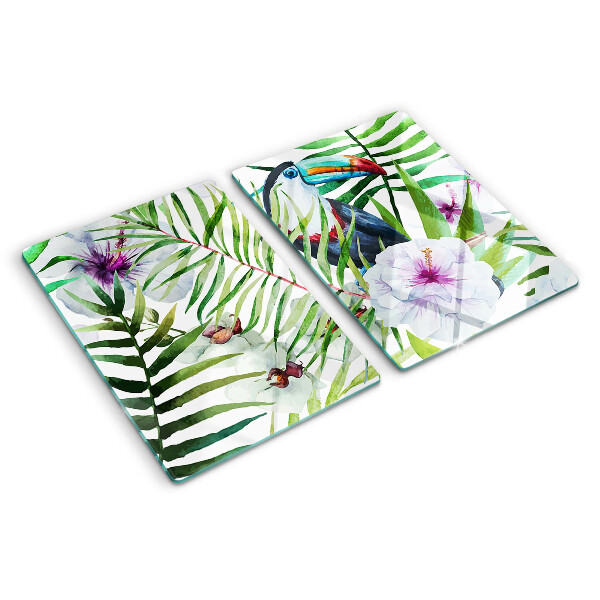 Tabla de cortar Motivo tropical con pájaros y plantas.