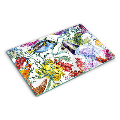 Tabla de cortar de cristal Tema marino con peces y medusas.