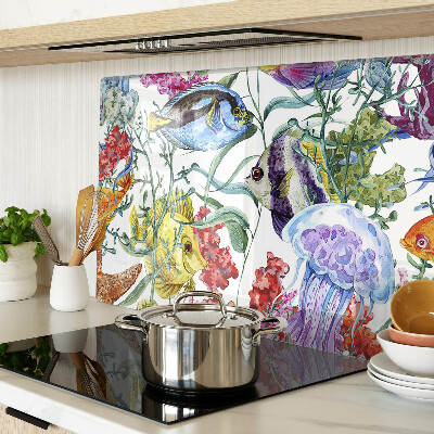 Tabla de cortar de cristal Tema marino con peces y medusas.