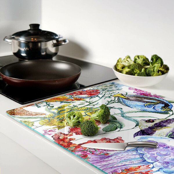 Tabla de cortar de cristal Tema marino con peces y medusas.