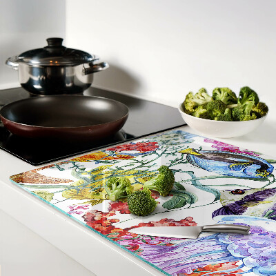 Tabla de cortar de cristal Tema marino con peces y medusas.