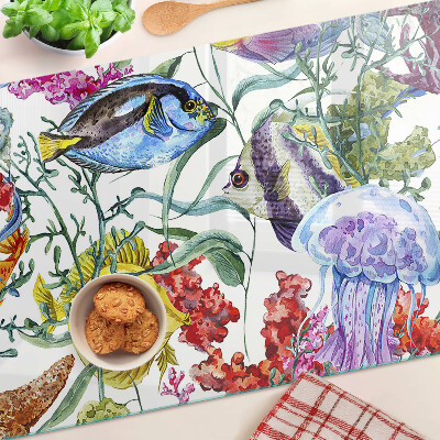 Tabla de cortar de cristal Tema marino con peces y medusas.