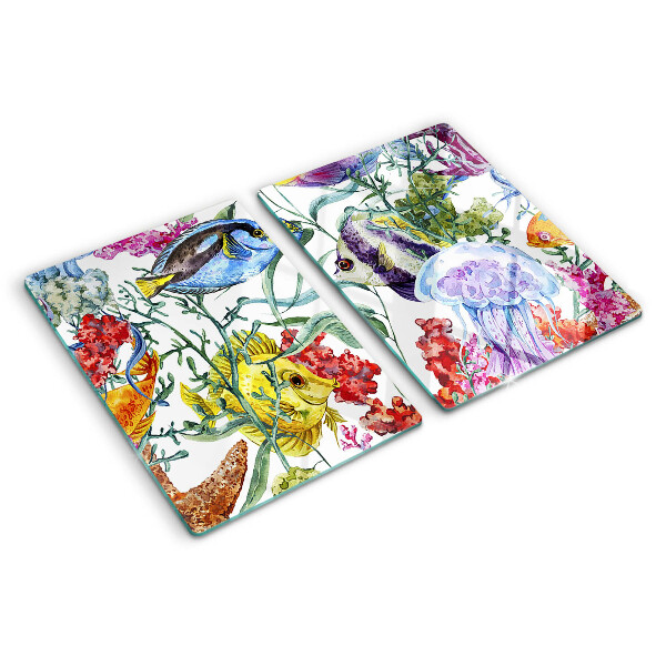 Tabla de cortar de cristal Tema marino con peces y medusas.