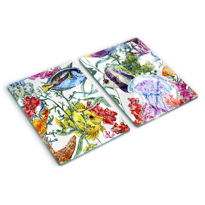 Tabla de cortar de cristal Tema marino con peces y medusas.