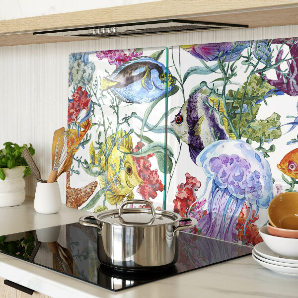 Tabla de cortar de cristal Tema marino con peces y medusas.