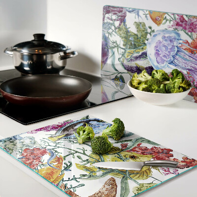 Szklana deska kuchenna Motyw morski z rybami i meduzami