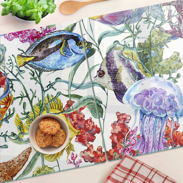 Tabla de cortar de cristal Tema marino con peces y medusas.