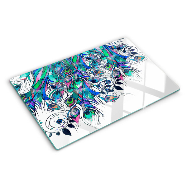 Tabla de cortar Plumas de pavo real en colores verde y azul.