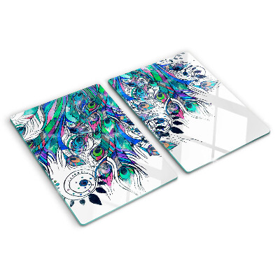 Tabla de cortar Plumas de pavo real en colores verde y azul.