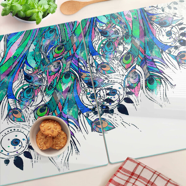 Tabla de cortar Plumas de pavo real en colores verde y azul.