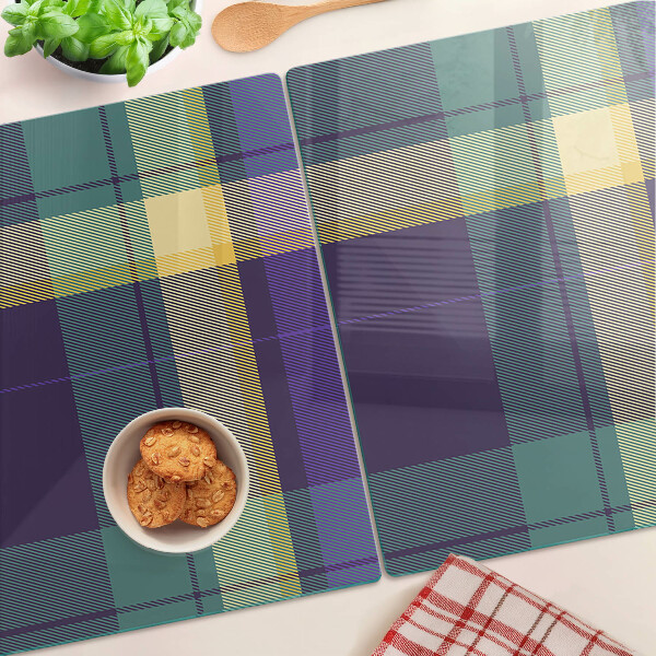 Tabla de cortar de cristal Patrón de cuadros en tonos morados y verdes.