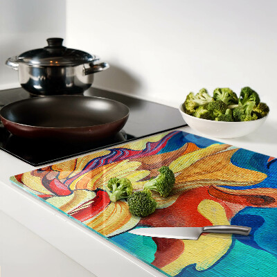 Tabla de cortar de cristal Flores de colores sobre un fondo abstracto