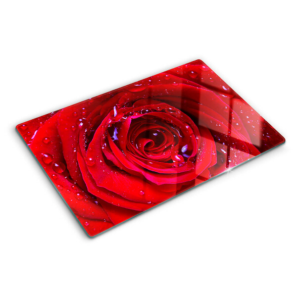 Tabla de cortar de cristal Rosa roja con gotas de agua