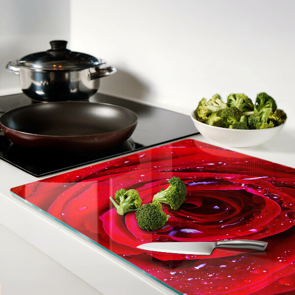 Tabla de cortar de cristal Rosa roja con gotas de agua