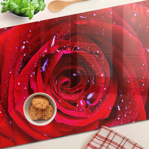 Tabla de cortar de cristal Rosa roja con gotas de agua