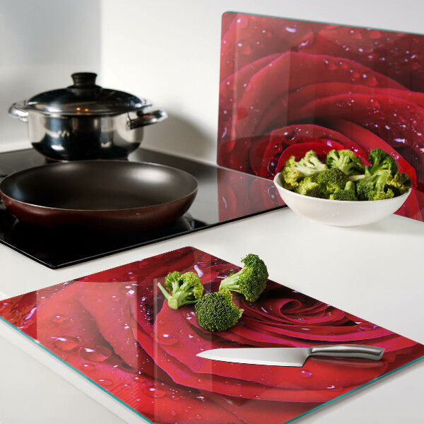 Tabla de cortar de cristal Rosa roja con gotas de agua