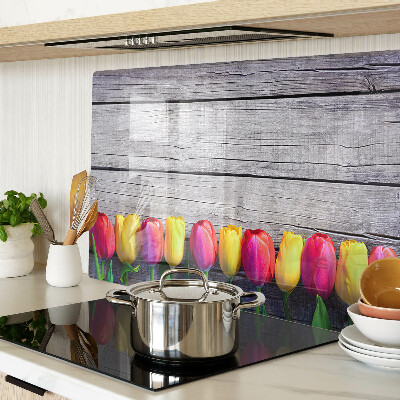 Deska kuchenna szklana Tulipany na tle drewnianym