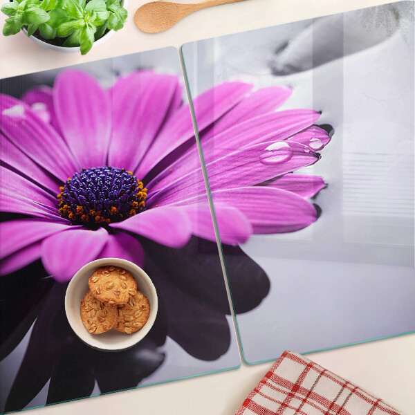 Tabla para cortar Flor morada con gotas de agua