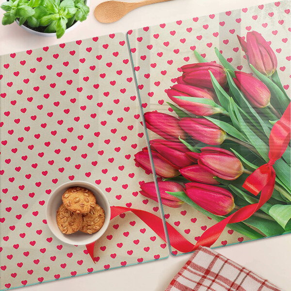 Szklana deska kuchenna Tulipany z serduszkami i wstążką