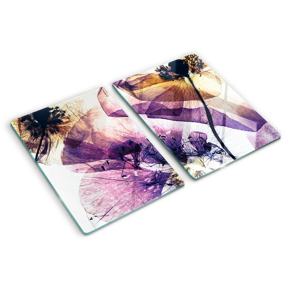 Tabla para cortar Flores en tonos morados y amarillos.