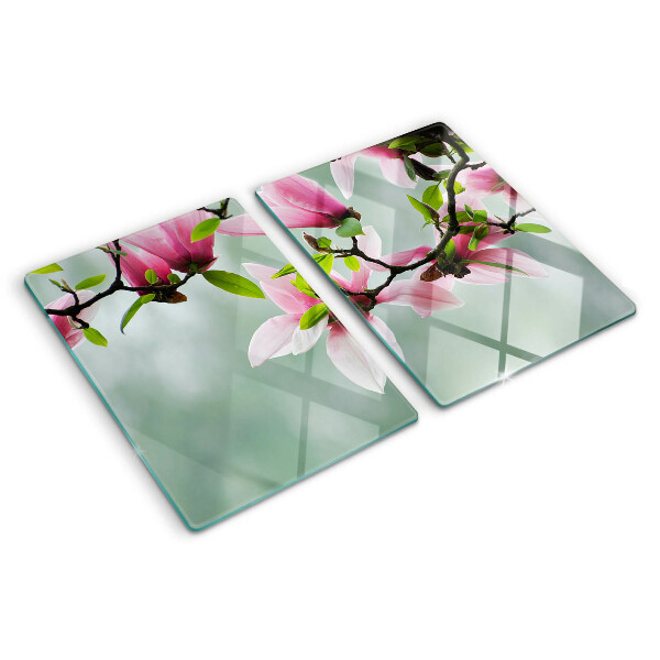 Tabla de cortar de cristal Flores de magnolia sobre un fondo verde.
