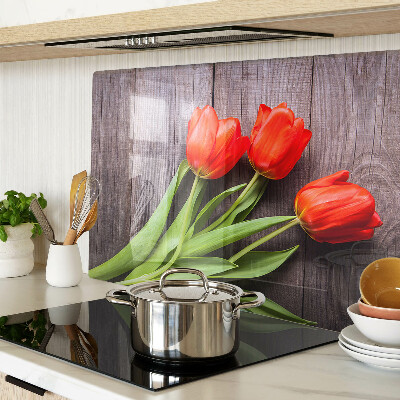 Szklana deska kuchenna Tulipany na drewnianym tle