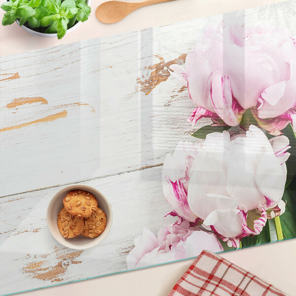 Deska kuchenna szklana Kwiaty piwonii na tle drewna