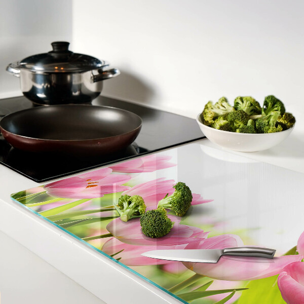 Tabla de cortar de cristal Tulipanes rosados ​​en el jardín