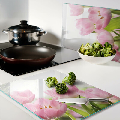 Tabla de cortar de cristal Tulipanes rosados ​​en el jardín