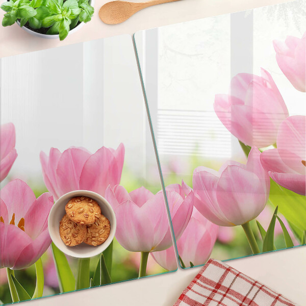 Tabla de cortar de cristal Tulipanes rosados ​​en el jardín