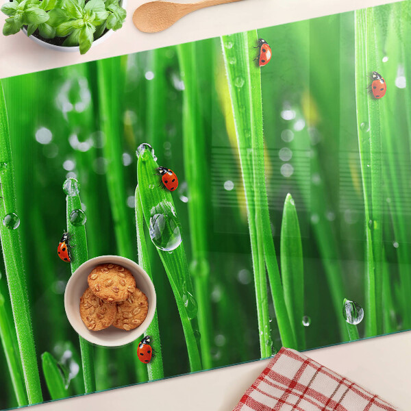 Tabla de cocina Gotas de agua sobre el césped con mariquitas