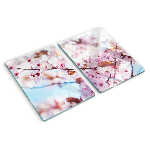 Tabla de cortar de cristal Flores de cerezo sobre un fondo azul