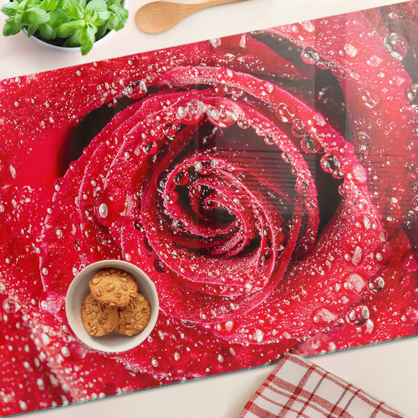 Tabla de cortar Rosa roja con gotas de agua